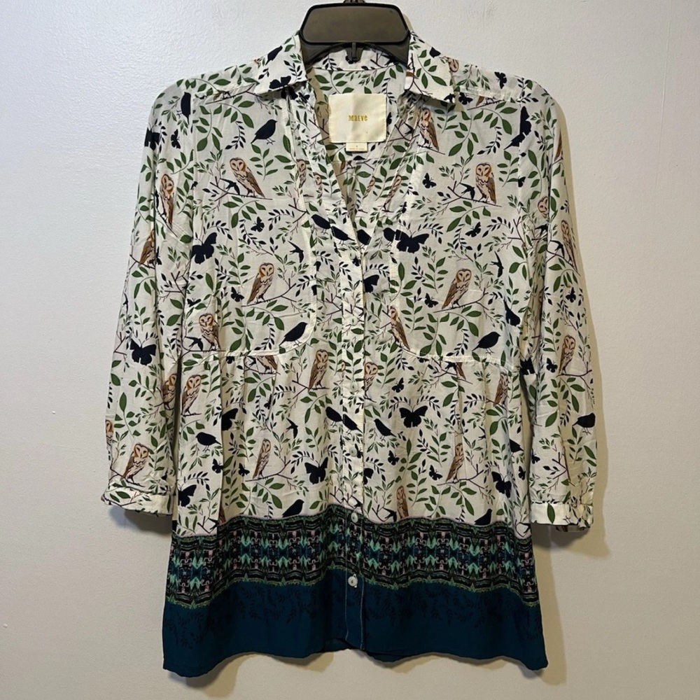 Anthropologie Maeve Woodland Walk Top Owl Butterfly Bird Size 0